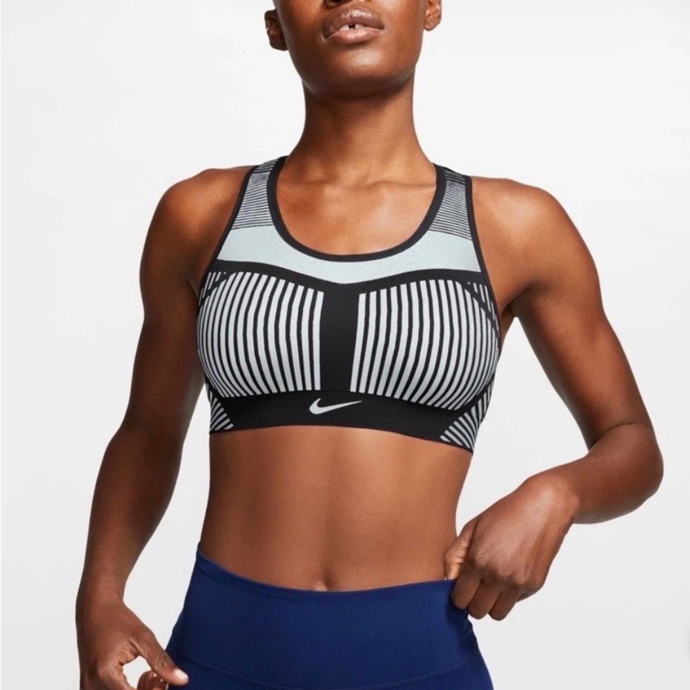 Nike Black and Light Blue Striped High-Support Sports Bra